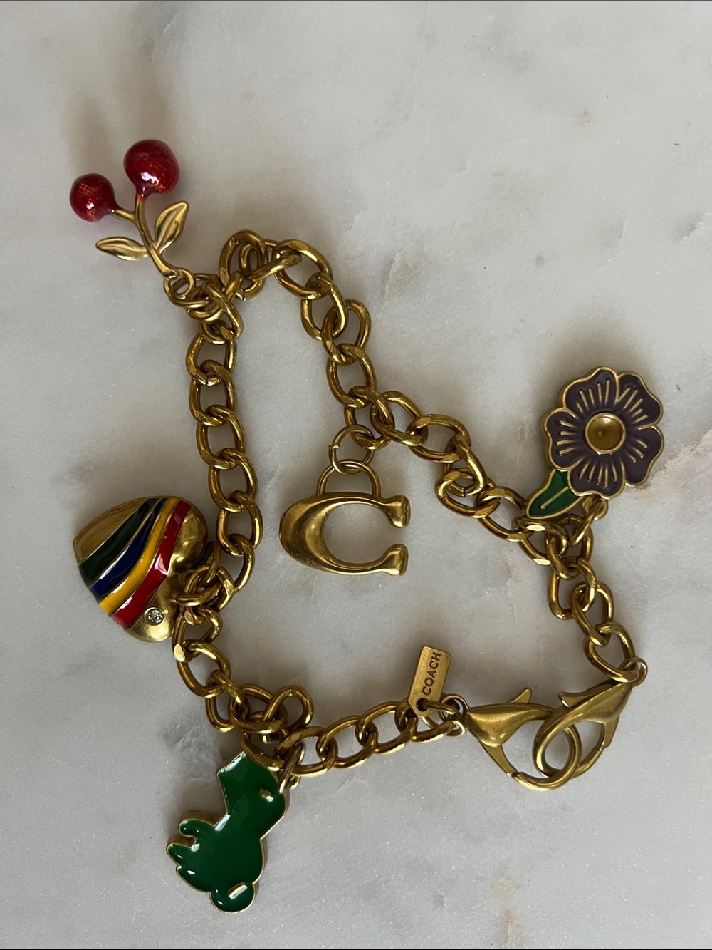 Coach Gold Bag Charm with Red Cherry & Multicolor Heart